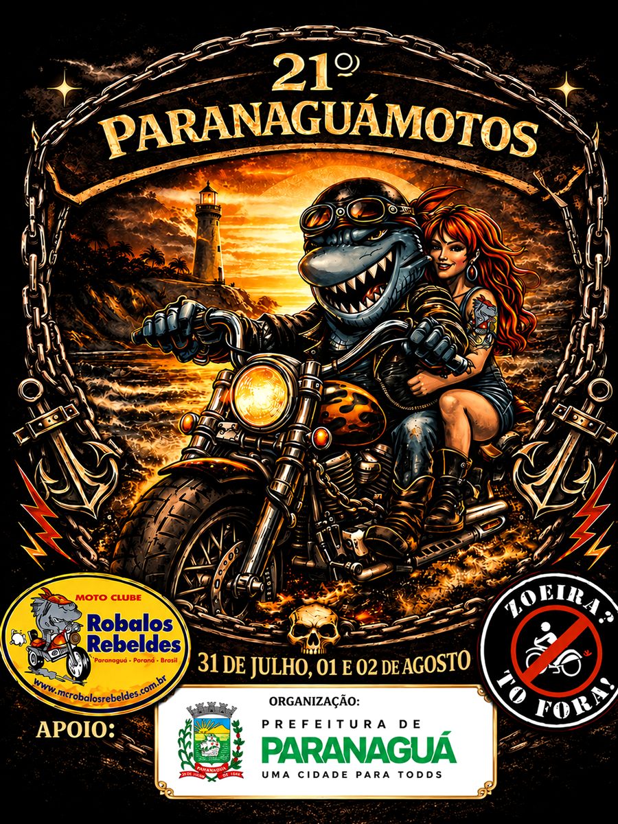 Cartaz oficial do 21º Paranaguámotos® — robalo motociclista com farol ao fundo